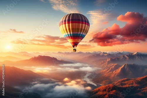 A large hot aerostat flying over mountains in the clouds at sunrise.