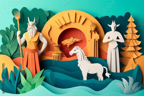 Gods, creatures, landscapes in vibrant paper art. A mythical scene unfolds