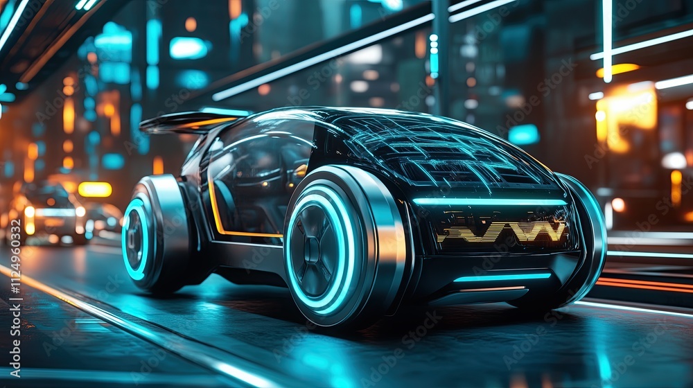 Cyberpunk robotic taxi in neon-lit cityscape, sleek futuristic design, chrome and electric blue color scheme, high-tech urban environment Cyberpunk robotic taxi in neon-lit cityscape, sleek futuristic design, chrome and electric blue color scheme, high-tech urban environment
