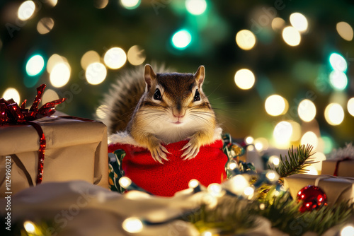 A mischievous chipmunk with a tiny Santa sack, surrounded by glowing Christmas lights and wrapped presents. photo