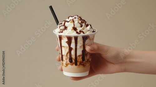 Hand holding a cup of iced mocha with chocolate syrup generative ai