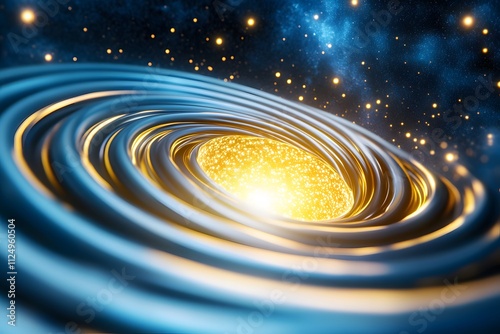 A golden spiral with the universe within it, glowing and radiating light. The background is a black expanse of space photo