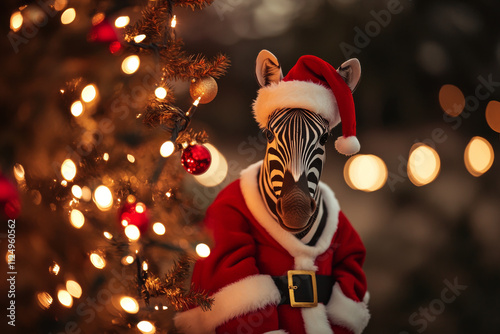 A holiday-themed picture of a zebra wearing Santa clothes, standing under a tree adorned with festive lights, perfect for unique seasonal promotions. photo