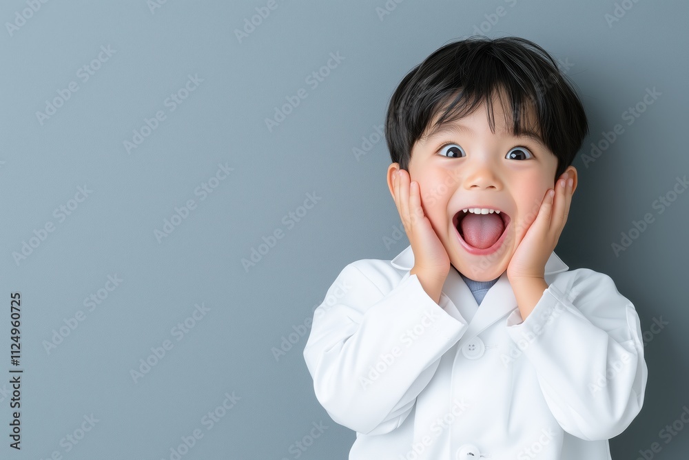 Japanese boy in white lab coat shows excitement with a big smile while posing against a gray background Japanese boy in white lab coat shows excitement with a big smile while posing against a gray background