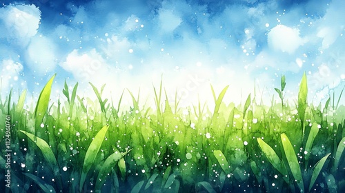 Watercolor Tranquil Garden, Green Grass, Blue Sky, Pastel Washes, Soft Sparkles, Gentle Gradients photo