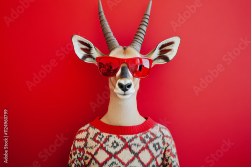 A charming antelope in red sunglasses and a patterned sweater, standing confidently against a bold red background for a festive wildlife design.