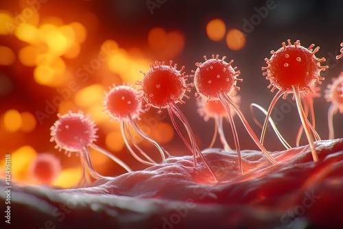 A group of stylized, glowing red virus cells in an environment that appears to be the inside or outside of some living body part. The background is dark and fiery with orange tones photo