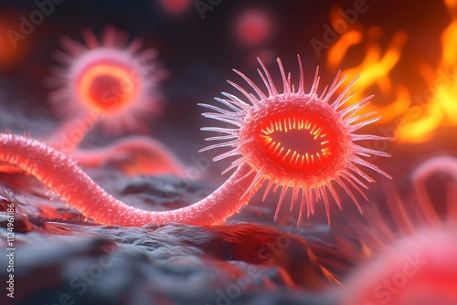 A group of stylized, glowing red virus cells in an environment that appears to be the inside or outside of some living body part. The background is dark and fiery with orange tones photo