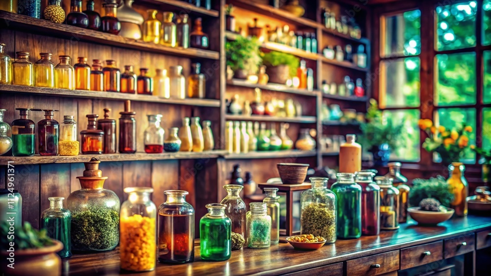 Captivating Victorian Apothecary Interior Featuring Glass Bottles, Herbal Remedies, and Intricate Shelving in a Tilt-Shift Perspective for Unique Visual Appeal