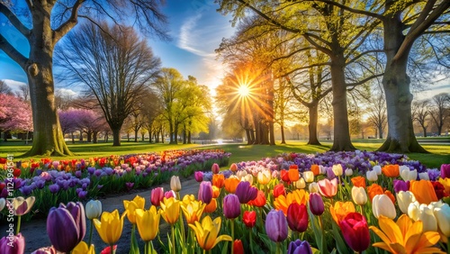 Colorful tulips in full bloom under the warm sunlight in spring park photo