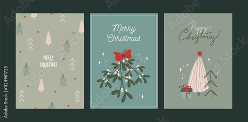 Set of Christmas and New Year card. Elegant greeting cards with mistletoe bouquet, christmas tree, gift box. Hand drawn vector illustration templates