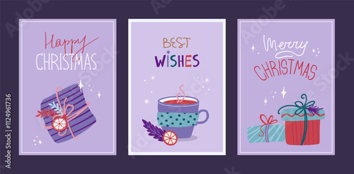 Set of Christmas and New Year card. Elegant greeting cards with gift box, mulled wine, sparkles. Hand drawn vector illustration templates
