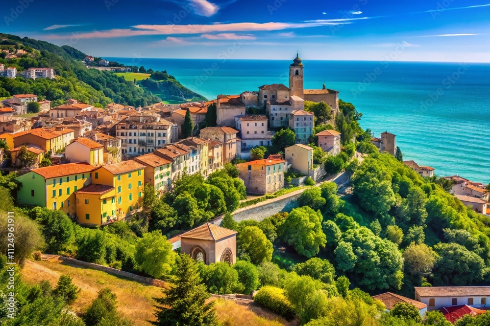 Captivating View of Sirolo Town in Marche, Italy with High Depth of Field Showcasing Scenic Coastal Landscape and Vibrant Architecture Under Clear Blue Skies Captivating View of Sirolo Town in Marche, Italy with High Depth of Field Showcasing Scenic Coastal Landscape and Vibrant Architecture Under Clear Blue Skies
