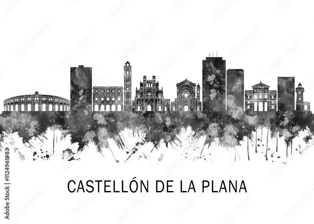 Castellon de la Plana Spain Skyline BW, travel art illustration urban modern downtown landmarks skyscrapers artwork abstract architecture digital office home decor
