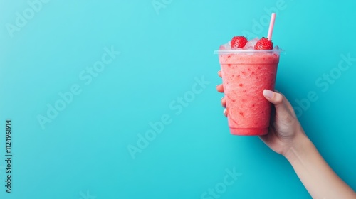 Hand holding a cup of iced strawberry smoothie, generative ai
