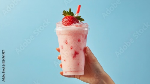 Hand holding a cup of iced strawberry smoothie, generative ai