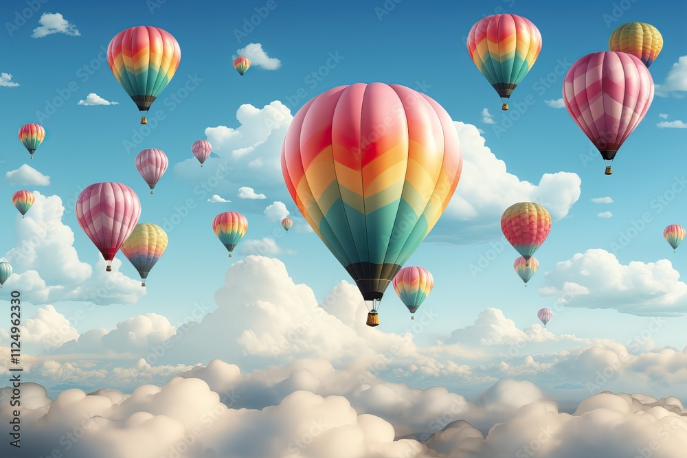 Fototapeta premium A flight of a large number of hot air balloons aerostats over the mountains, illustration of hot air balloons.