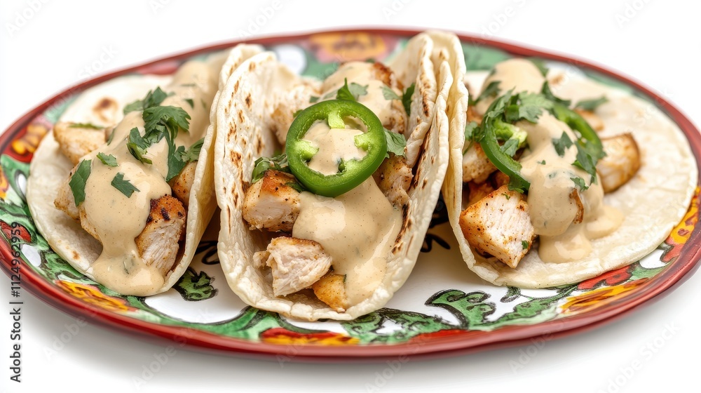 Chicken Tacos with Cheese and Jalapeños on Plate Chicken Tacos with Cheese and Jalapeños on Plate