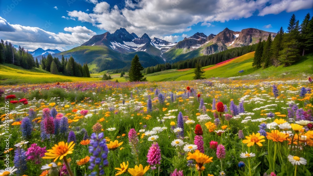 Obraz premium Colorful wildflowers bloom in a vibrant mountain meadow