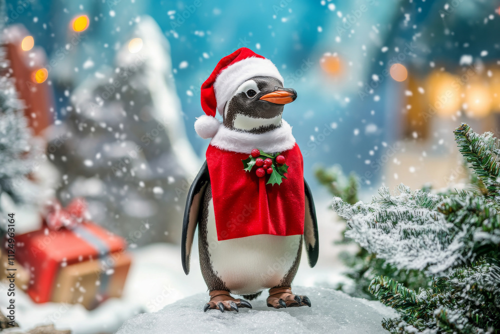 Fototapeta premium A holiday-themed picture of a penguin dressed in Santa attire, standing on ice with colorful holiday decorations, ideal for festive promotions and cards.