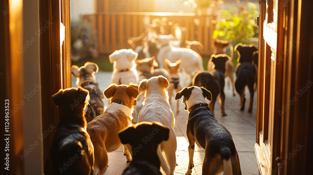 Obraz premium Dogs greeting their owner at the door after a long day.