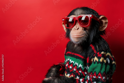 A playful chimpanzee in a colorful holiday sweater and red sunglasses, sitting against a bright red backdrop for a humorous seasonal look.
