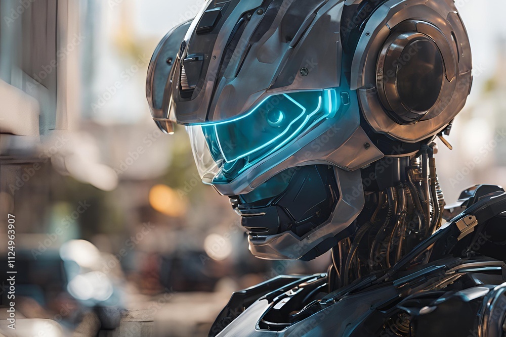 A robot with a glowing visor. A robot with a glowing visor.