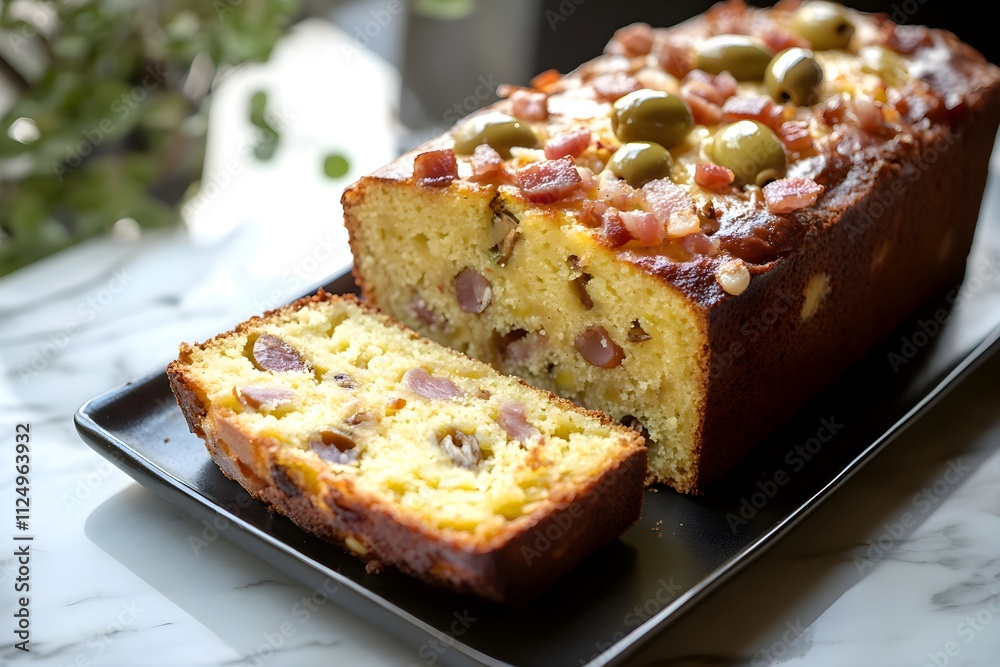 A French cake aux olives with lardons, sliced to reveal a moist yellow crumb with olives and lardons, on a dark plate, marble countertop A French cake aux olives with lardons, sliced to reveal a moist yellow crumb with olives and lardons, on a dark plate, marble countertop