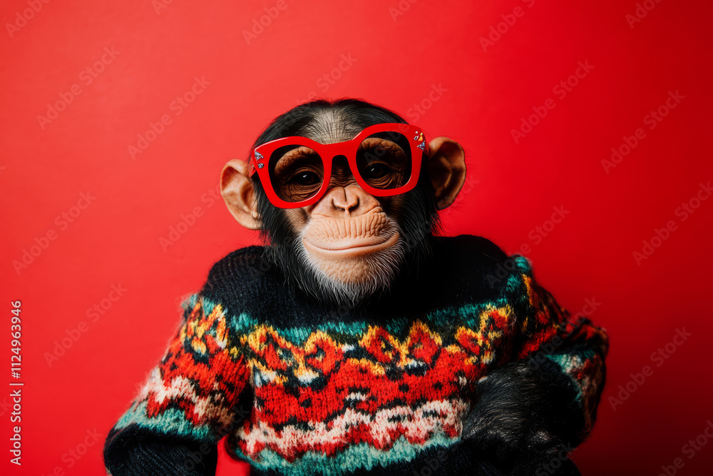 A playful chimpanzee in a colorful holiday sweater and red sunglasses, sitting against a bright red backdrop for a humorous seasonal look. A playful chimpanzee in a colorful holiday sweater and red sunglasses, sitting against a bright red backdrop for a humorous seasonal look.