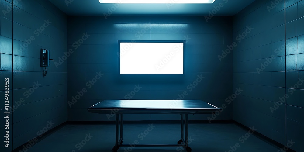 Empty autopsy room with stainless steel table and blank screen. Empty autopsy room with stainless steel table and blank screen.