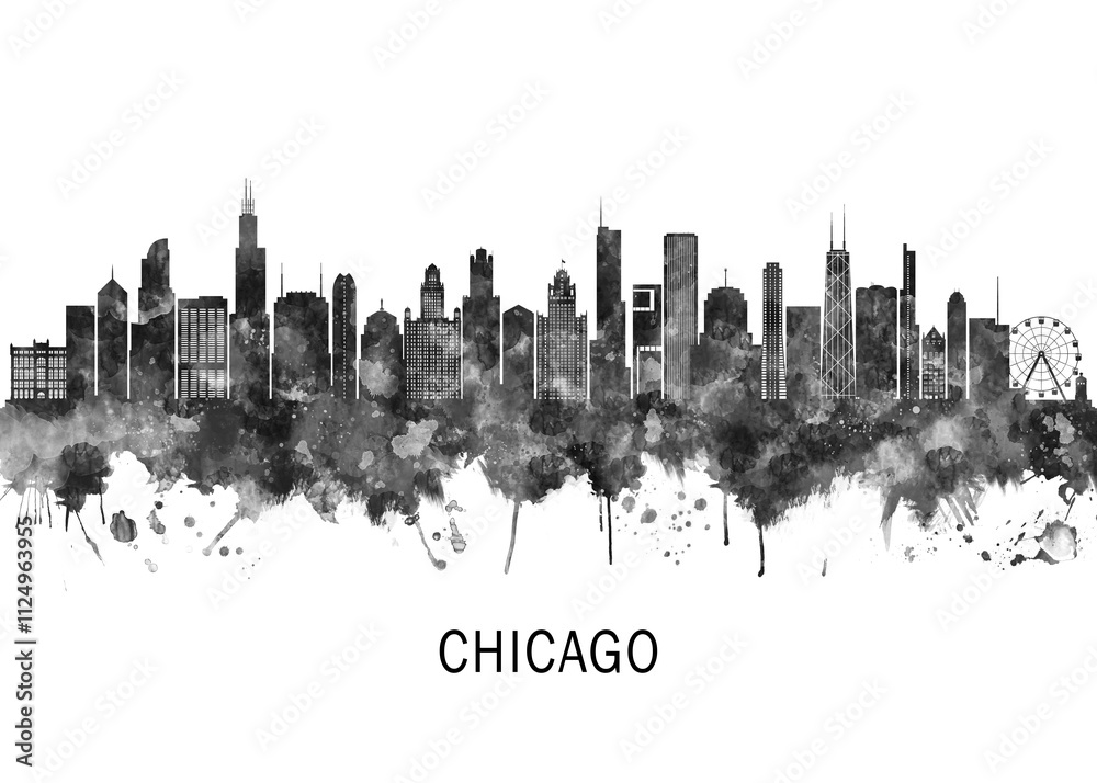 Chicago Illinois Skyline BW, travel art illustration urban modern downtown landmarks skyscrapers artwork abstract architecture digital office home decor