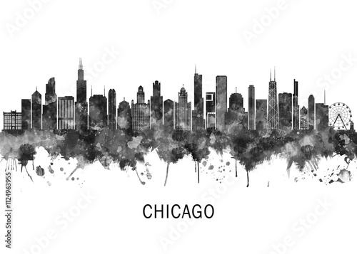 Obraz na płótnie Chicago Illinois Skyline BW, travel art illustration urban modern downtown landmarks skyscrapers artwork abstract architecture digital office home decor w salonie