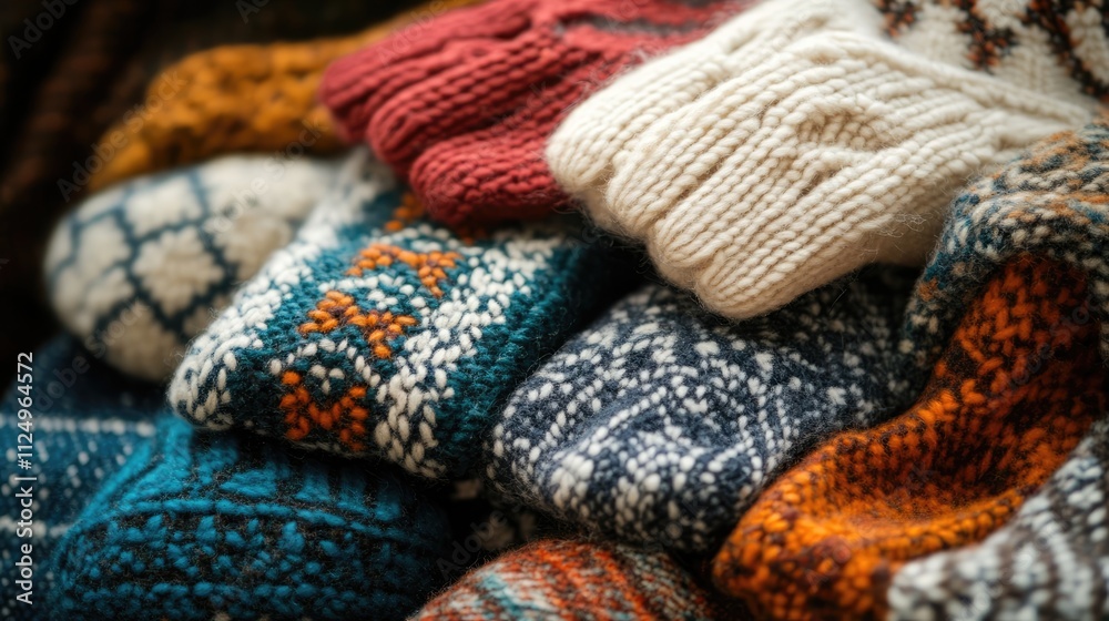 Close-up of a collection of warm, colorful knitted items, including gloves, hats, and sweaters. Close-up of a collection of warm, colorful knitted items, including gloves, hats, and sweaters.