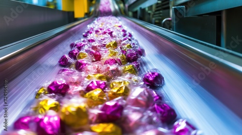 Candy wrapping line: foil-wrapped sweets tumbling down chutes, bright colors and shiny surfaces under crisp lighting