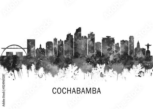 Cochabamba Bolivia Skyline BW, travel art illustration urban modern downtown landmarks skyscrapers artwork abstract architecture digital office home decor