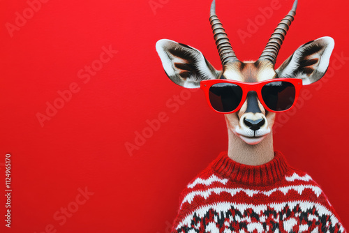 A charming antelope in red sunglasses and a patterned sweater, standing confidently against a bold red background for a festive wildlife design. photo