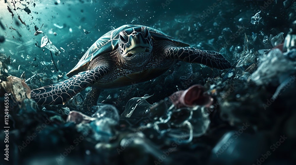 Obraz premium Close-up of a sea turtle struggling through a dense plastic garbage patch, hyper-detailed marine photography