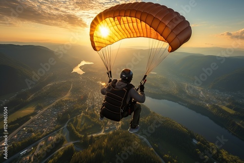A man is parachuting over a city with a large river at sunrise.