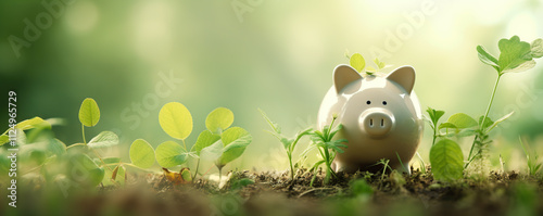 Piggy bank surrounded by young plants in a sunlit garden symbolizes saving and growth in personal finance photo