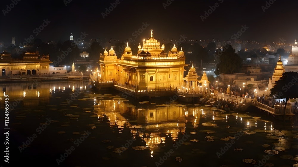 Aerial view of a golden temple with lights reflecting in the water at night. Aerial view of a golden temple with lights reflecting in the water at night.