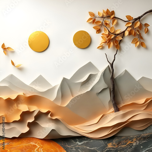 3D mural wallpaper rendered in a soft cinematic haze with layered texture, sculpted and textured layers, soft focus, hazy background, leaves and trees with golden lines, and Generative AI. 