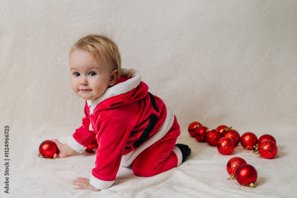 Santa Claus baby with gift box. Christmas morning concept. Santa Claus baby with gift box. Christmas morning concept.