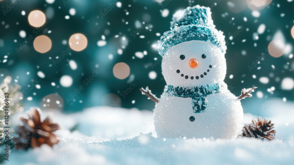 Snowy snowman wonderland with festive bokeh lights and pinecones Snowy snowman wonderland with festive bokeh lights and pinecones
