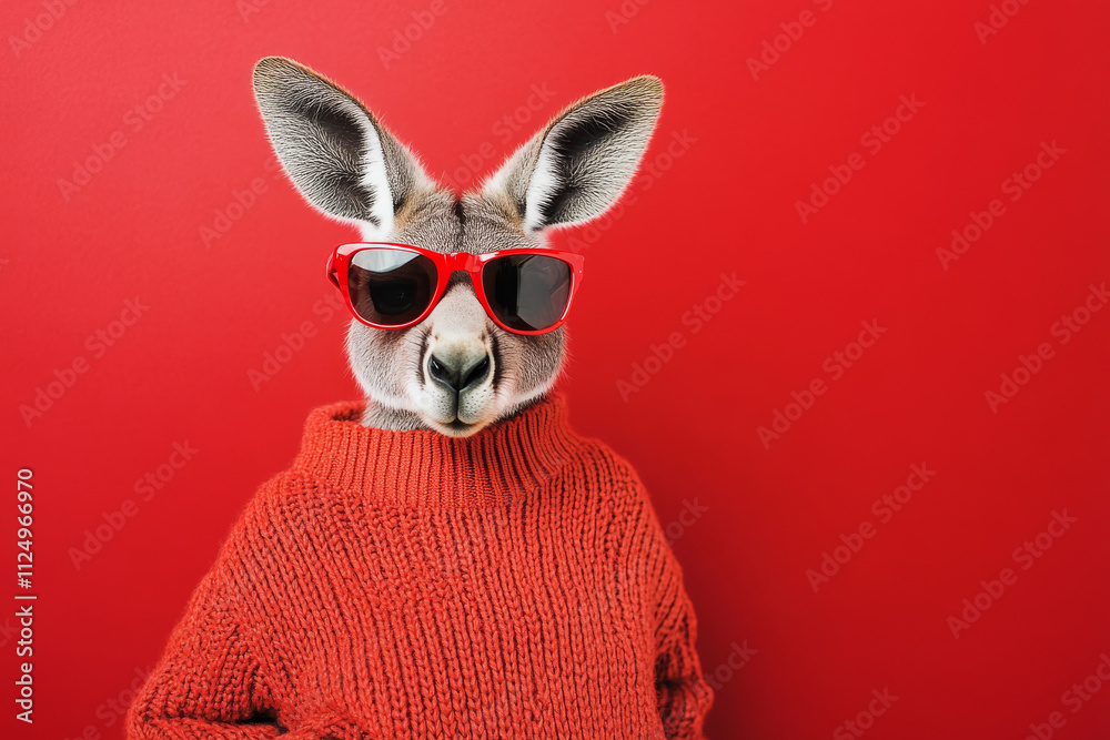 A trendy kangaroo in a cozy knitted sweater and red sunglasses, standing proudly against a vivid red background for a fun and seasonal wildlife concept. A trendy kangaroo in a cozy knitted sweater and red sunglasses, standing proudly against a vivid red background for a fun and seasonal wildlife concept.