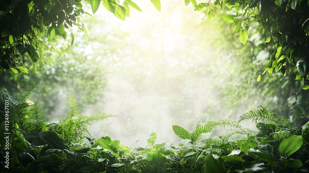 Fototapeta premium Tropical forest floor with ferns and lush green foliage illuminated by sunlight