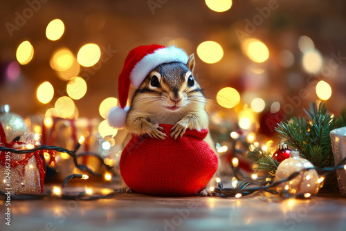 A mischievous chipmunk with a tiny Santa sack, surrounded by glowing Christmas lights and wrapped presents. photo