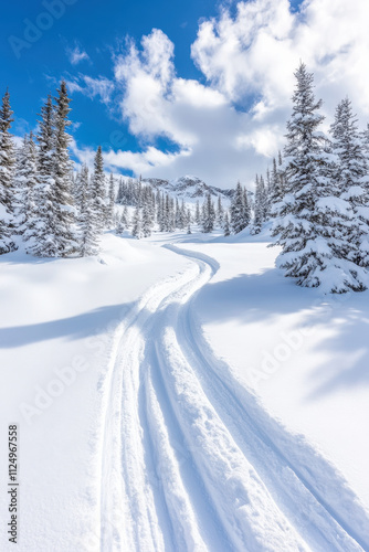 Winter landscape with snowy forest and mountain under blue sky