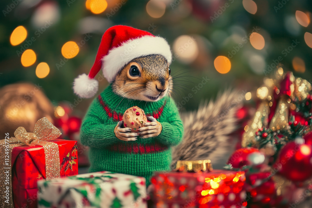 A playful squirrel in a green sweater and Santa hat, surrounded by vibrant holiday gifts, glittering decorations, and a cozy festive backdrop. A playful squirrel in a green sweater and Santa hat, surrounded by vibrant holiday gifts, glittering decorations, and a cozy festive backdrop.
