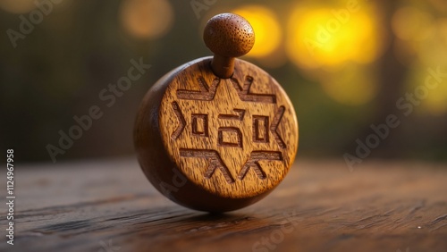 Traditional Carved Wooden Spinning Top with Hebrew Symbols in Rich Brown Tones for Cultural Play photo