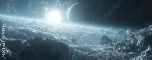futuristic space landscape with distant planets and asteroids, Generative AI